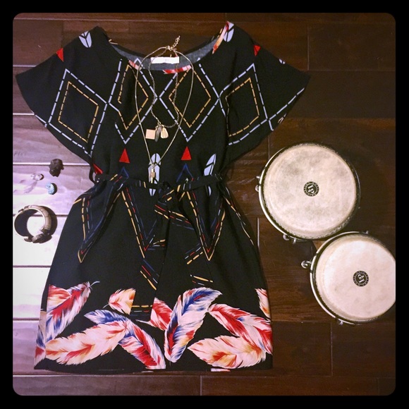 {MINKPINK} Tie-waist Tribal Feather Print Dress