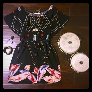 {MINKPINK} Tie-waist Tribal Feather Print Dress