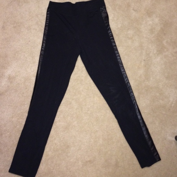 PINK black leggings with a leather stripe