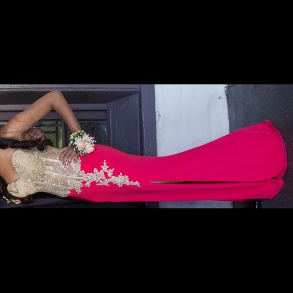 La Femme Gold and Coral Long Prom Dress