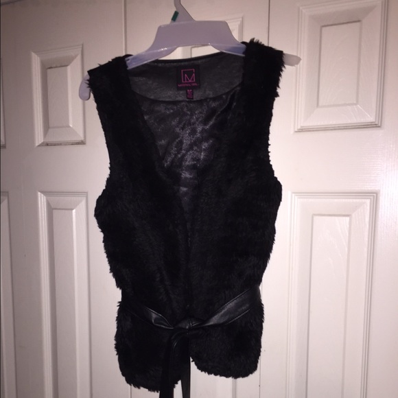 Black Furry & Leather Material Girl Vest Small