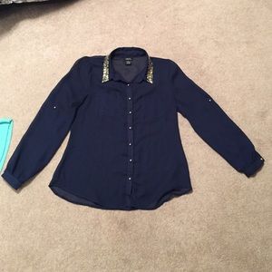 Button Up Shirt with Gold Sequin Collar