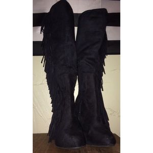 Sueded Fringe-Trim Wedge Boot