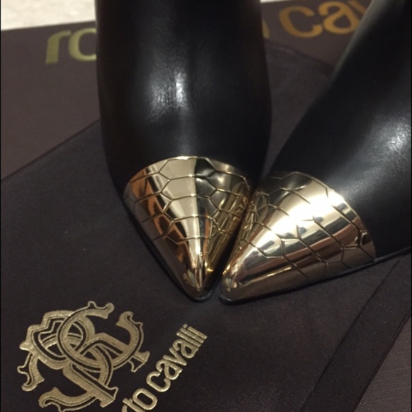 Roberto Cavalli black leather ankle boots silver size 38 - Picture 3 of 9