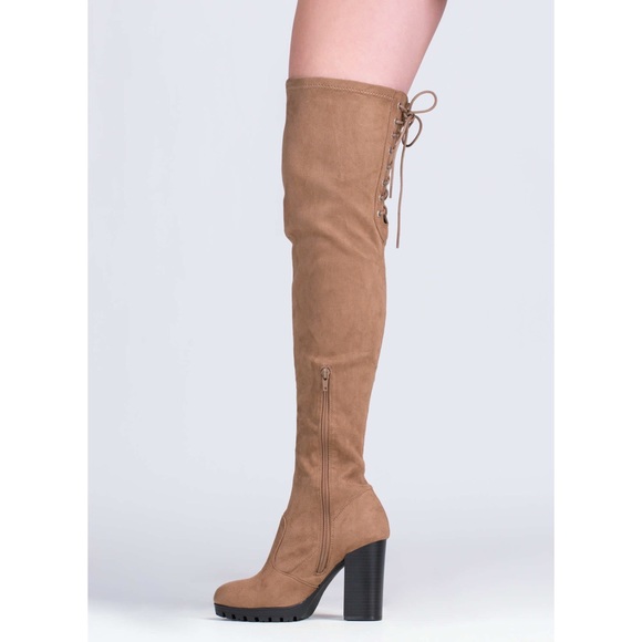 Taupe Laced Up Over The Knee Thigh High Boots