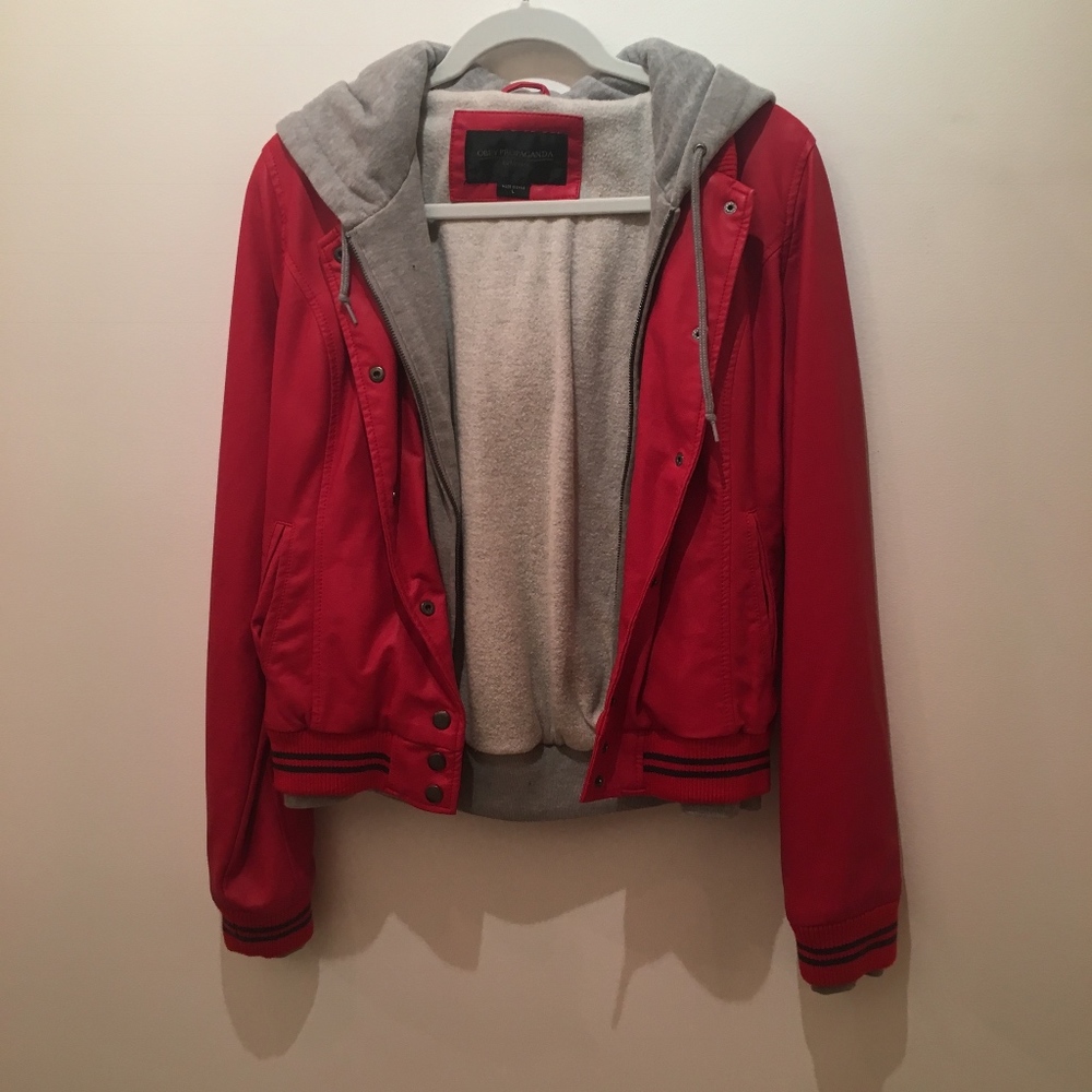 Obey Varsity Lover Red Hooded Faux Leather Jacket