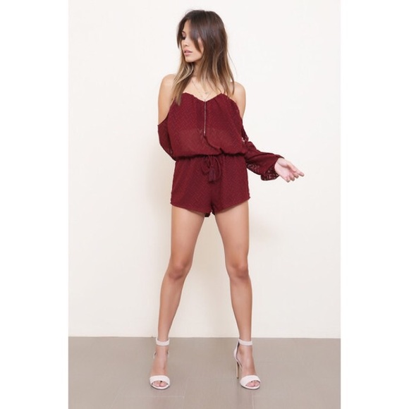 ✖️SOLD✖️Burgundy Off Shoulder Long Sleeve Romper - Picture 2 of 4