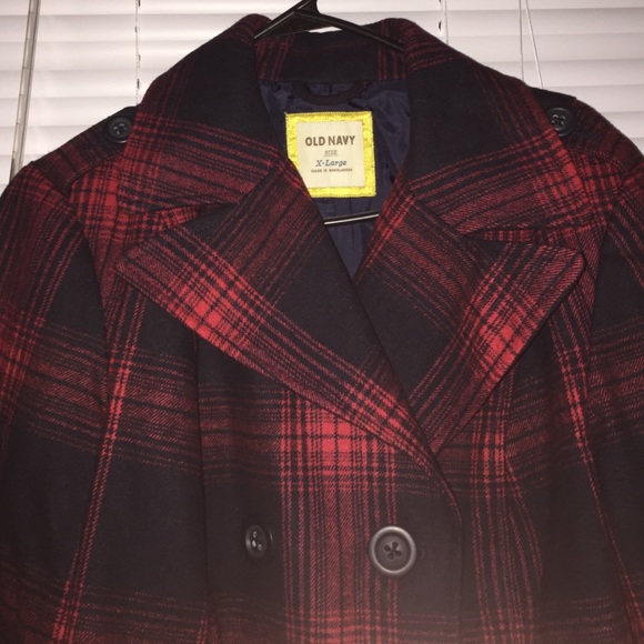 plaid navy & red collared / button down peacoat - Picture 2 of 3