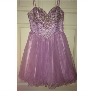 short purple Dave and Johnny homecoming/prom dress