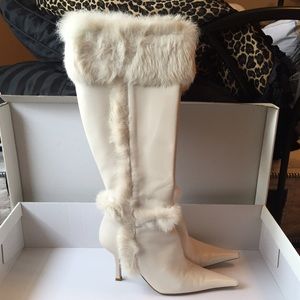 White Leather and Fur Knee High Boots
