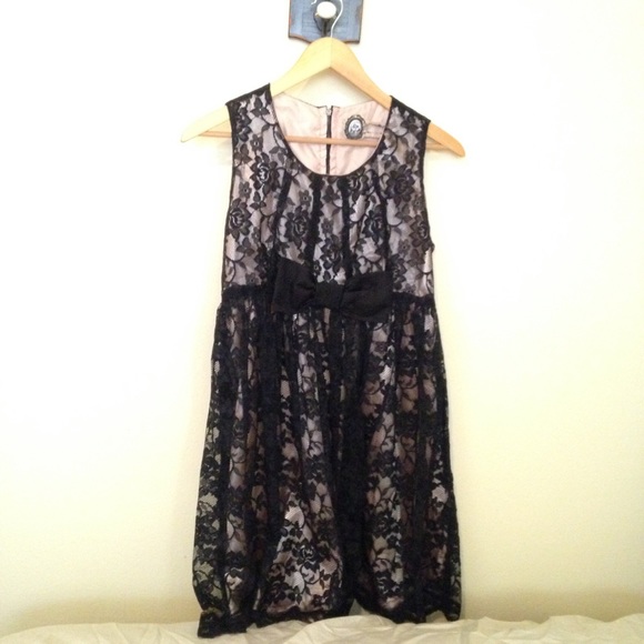 Tan black lace skater dress