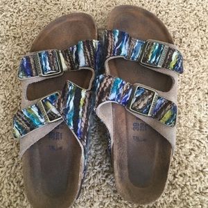 green blue and beige yarn Birkenstocks