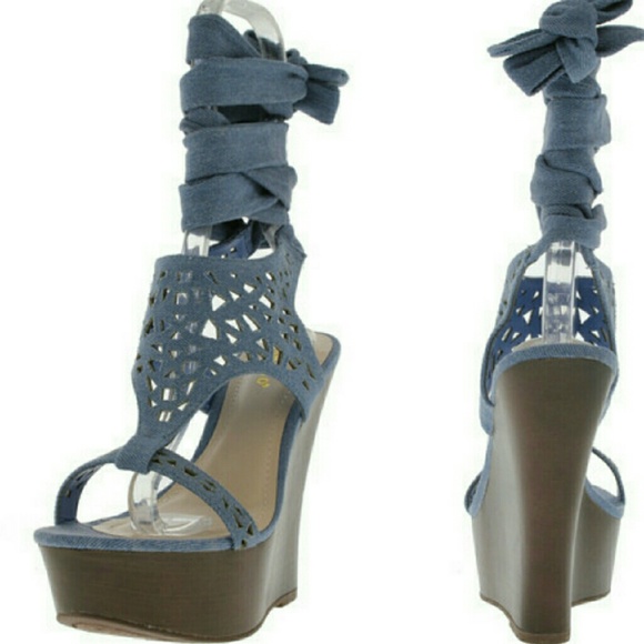 New Blue Jean Wedge Sandals - Picture 2 of 2