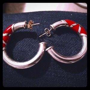 Sterling silver coral inlay hoop earrings
