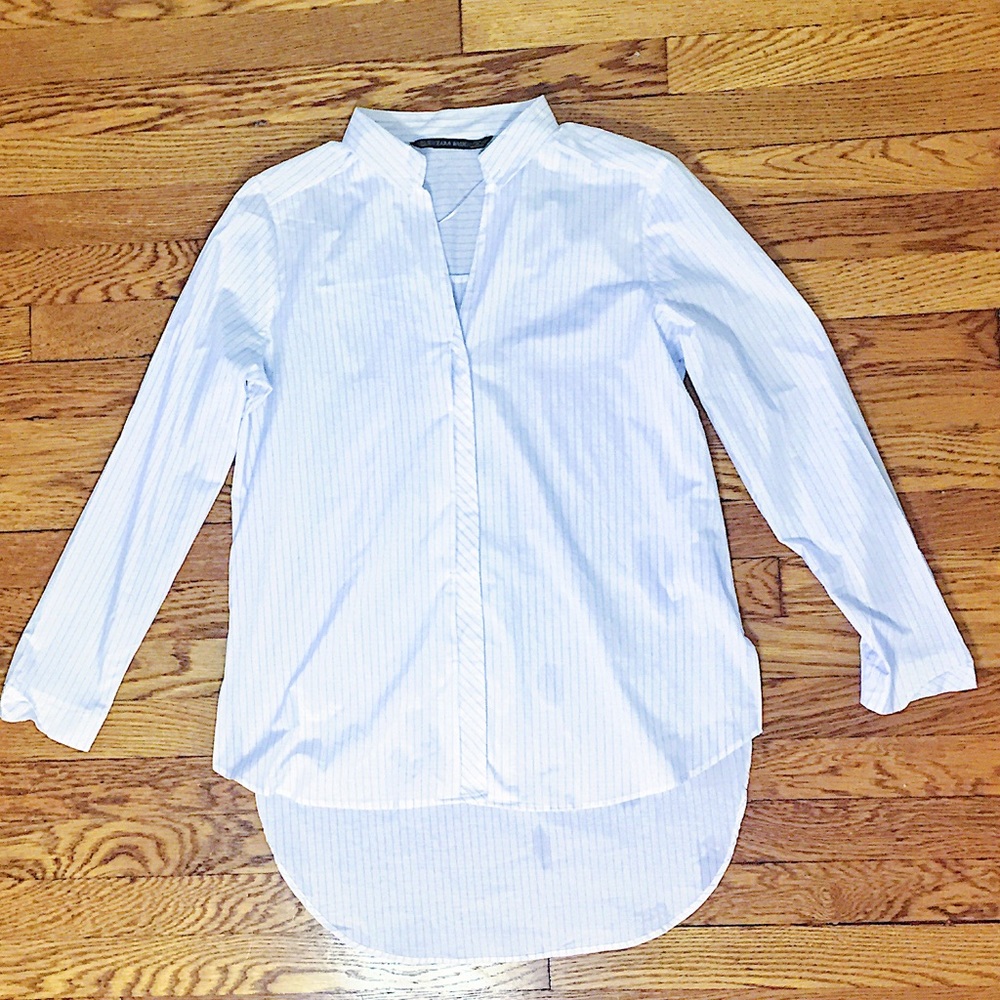ZARA stripe Women's White And Blue Button Up Shirt