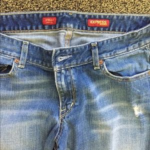 Express Stella distressed boot cut jeans.