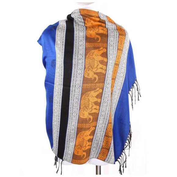 B160 Soft 100% Pashmina Blue Gold Elephant Scarf - Picture 2 of 4