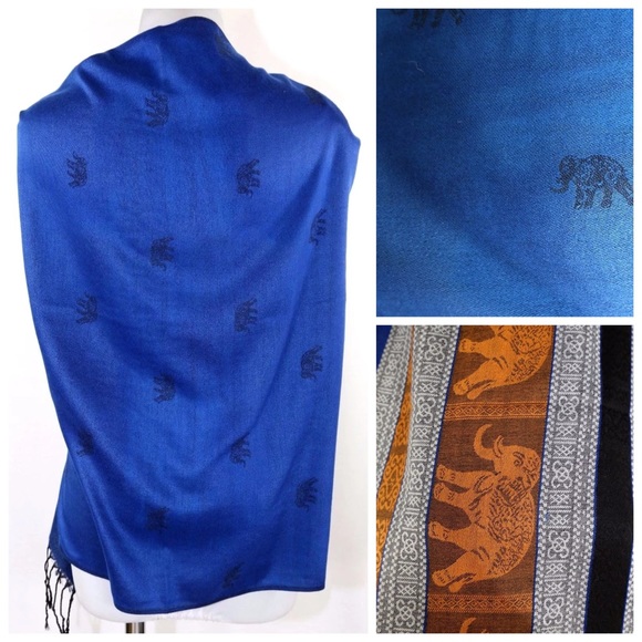 B160 Soft 100% Pashmina Blue Gold Elephant Scarf - Picture 3 of 4