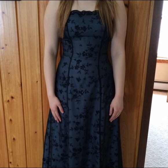 Long, black, beaded dress