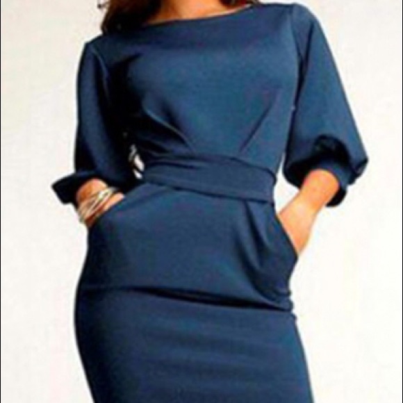 OL Style Lantern Sleeve Navy Blue Pencil Dress
