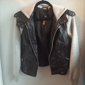 Leather Jacket w/ Grey Sleeves and Hood