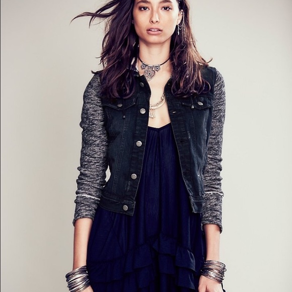 Free People black jean jacket with hood