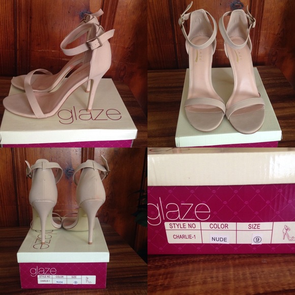 Kim Kardashian style nude color ankle strap heels.