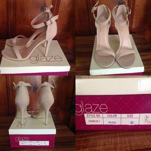 Kim Kardashian style nude color ankle strap heels.