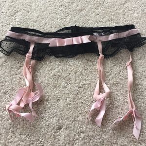 Jezebel Accessories - Black lace garter with pink ribbon stocking straps Jezebel Accessories - Black lace garter with pink ribbon stocking straps