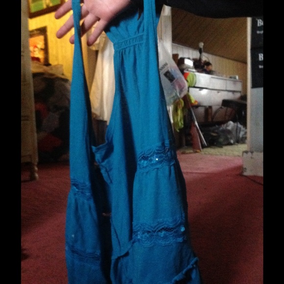 Blue sequin lace cut out cover up