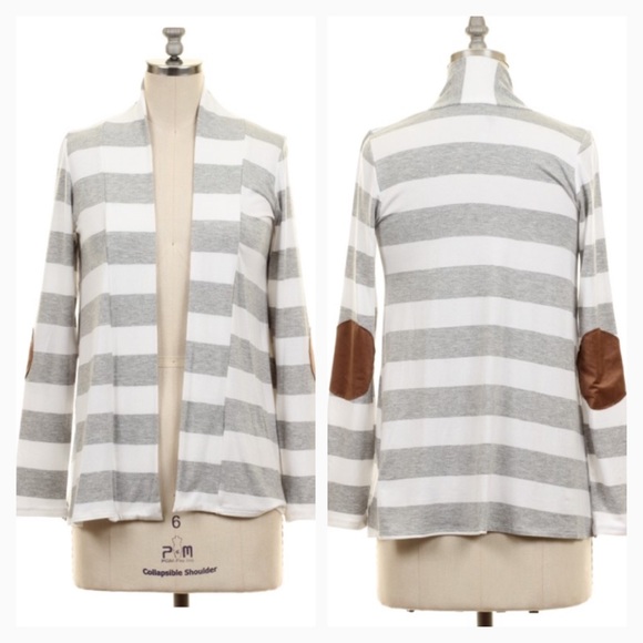 Elbow patch gray white stripe cardigan -M