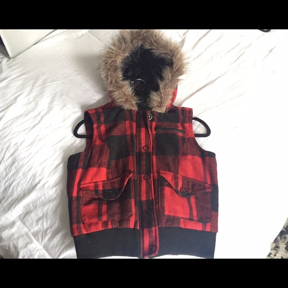 Red Plaid and Fur Vest