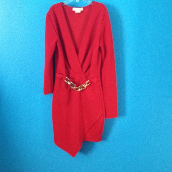 Red V-neck  dress with gold belt in front. Size S