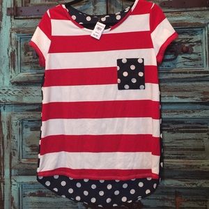 Red, white and navy top