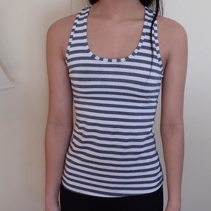 Grey and white striped, comfortable fitness top.