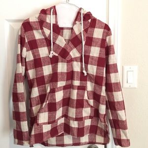 Red gingham blouse, hooded, long sleev