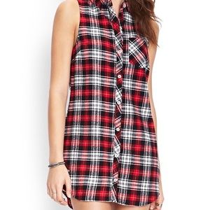 Sleeveless Collar Shirt Dress in red plaid