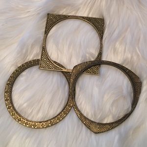 Set of 3 bohemian antique brass bangle bracelets