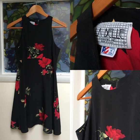 Vtg Black Rose Dress