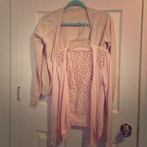Baby pink cardigan & cream button up