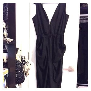 Black Double Zipper V-Neck Jumpsuit with pockets