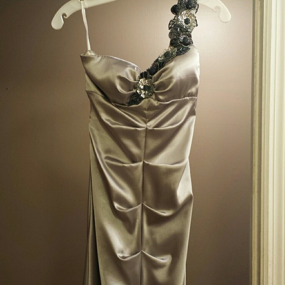 Silver mermaid style evening gown with black