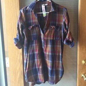 Three Quarter Button Plaid Top.
