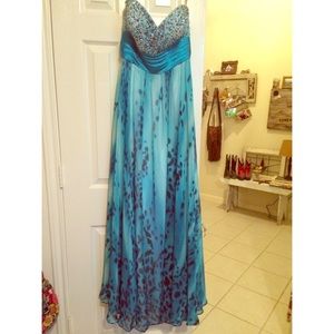 Blush Strapless Blue Animal Print Prom Gown