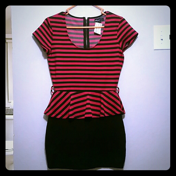 Red & Black Striped Peplum Dress