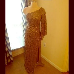 Gold sequin cold shoulder evening gown