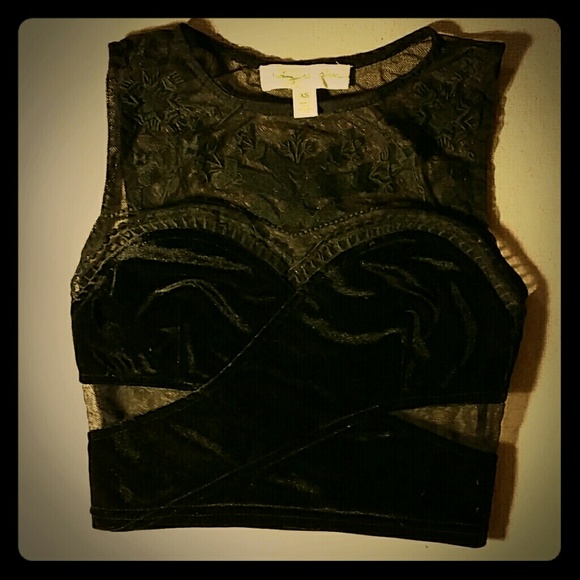 Black mesh and velvet crop top with design