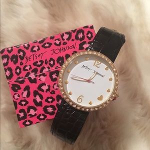 BETSEY JOHNSON Black Leather Crystal Bezel Watch