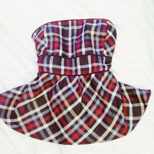 Strapless, plaid, peplum shirt