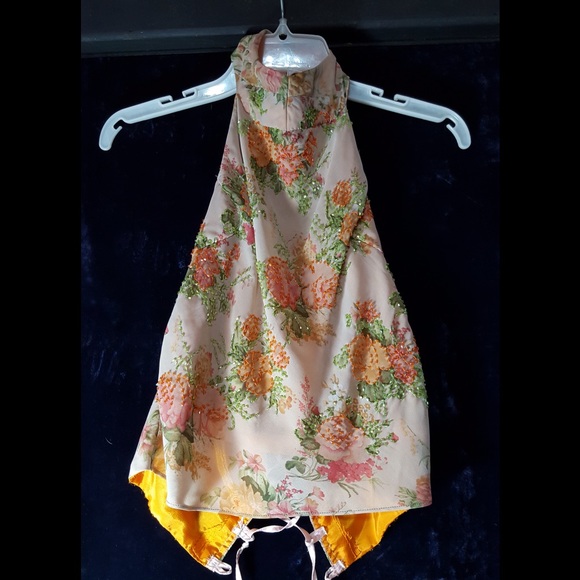 ??90's handmade beaded floral halter top??